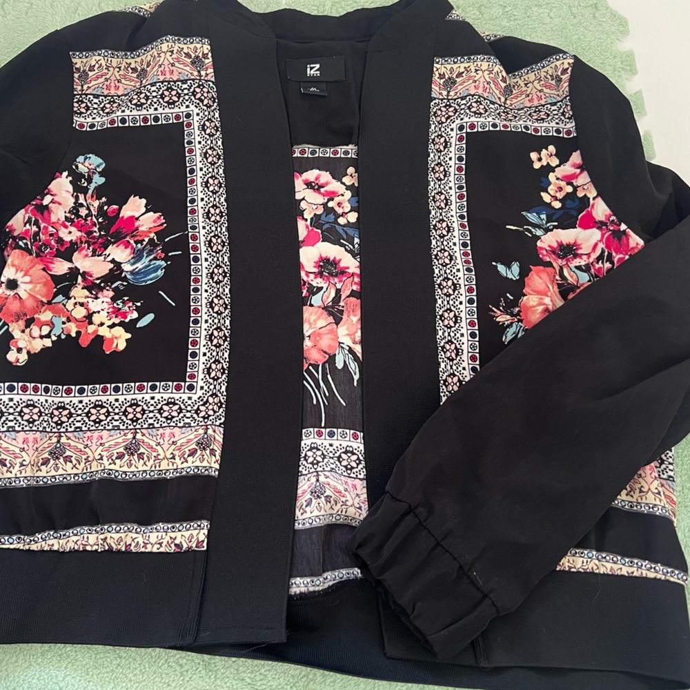 Iz Byer Black Floral Teddy Jacket